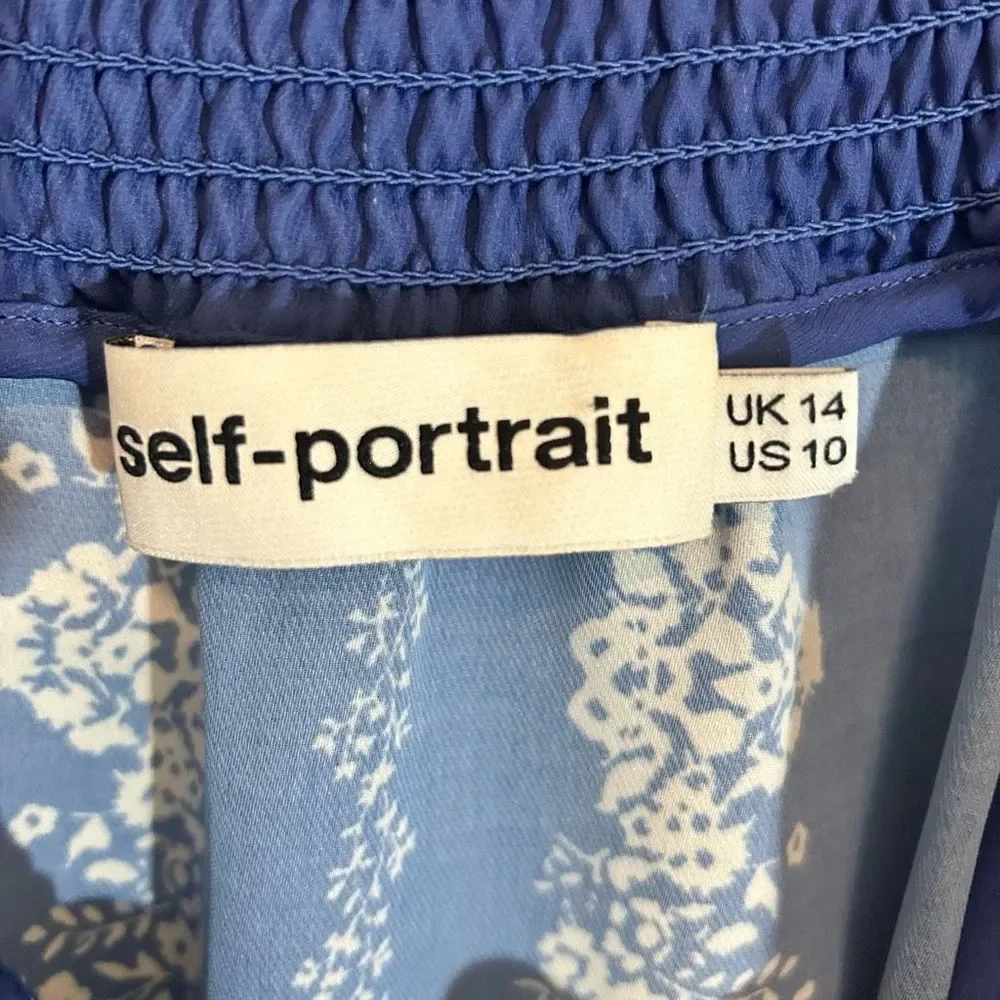 Self-portrait Flower Spell Off The Shoulder Printed Georgette Top Blue